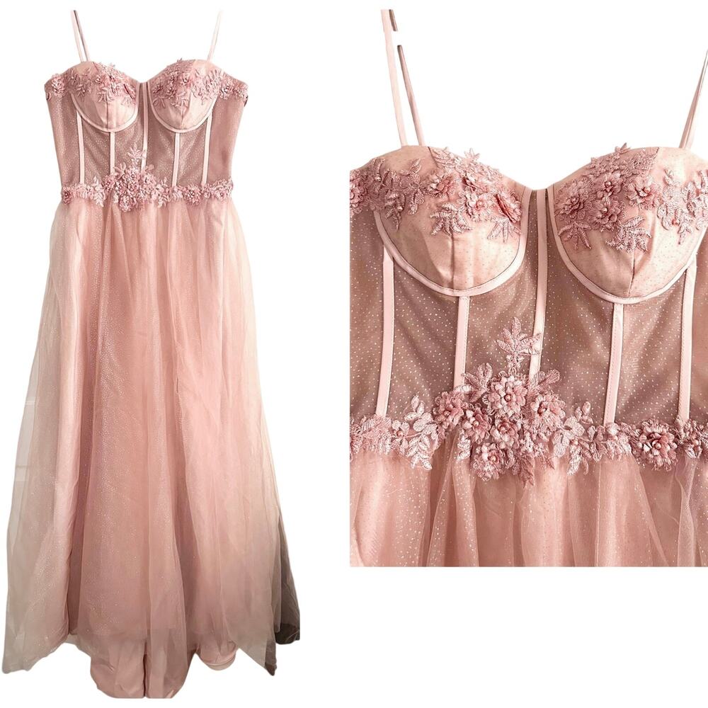 Dusty Rose Corset Bustier Prom Dress Gown Sparkle Embroidered Floral Appliqué